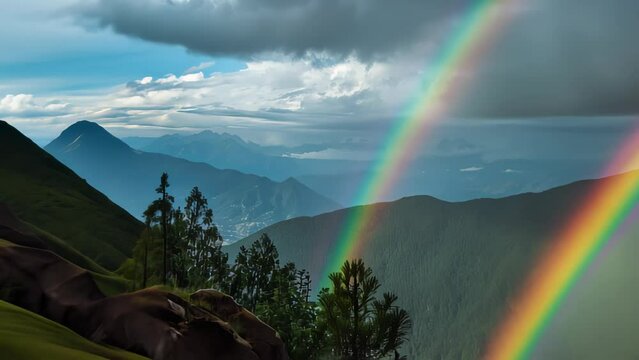 Double rainbow arching over a lush green mountain landscape with distant peaks and a cloudy sky. The vibrant colors of the rainbows create a stunning and serene natural scene.	