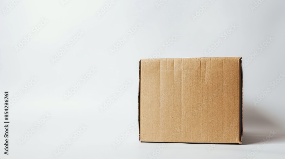 Poster Cardboard box sealed and alone on white backdrop