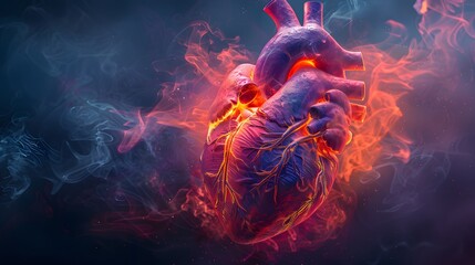 Digital Painting, A holographic heart with erratic beats caused by cigarette addiction., professional studio photography