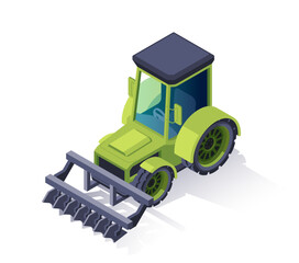 Farm vehicle isometric icon. Tractor with cultivator for plowing field, sowing and working with soil. Agricultural machinery for harvesting. 3D vector illustration isolated on white background