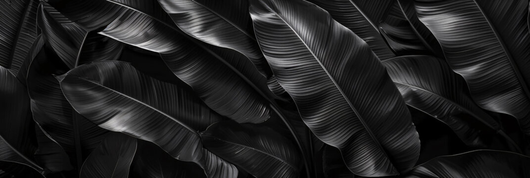 Abstract monochromatic dark gray and black banana leaves background, ultrahigh definition resolution