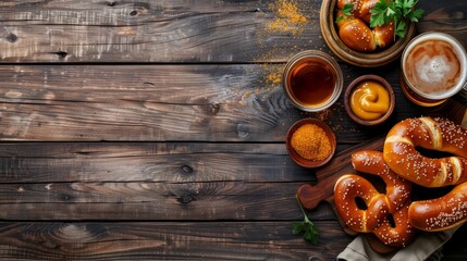 Fototapeta premium Traditional Oktoberfest set. Pretzels, beer, weisswurst and eisbein with mustard. German festival food concept. Trendy hard light, dark shadow, wooden background, top view