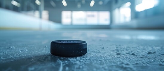 A hockey puck is sitting on the ice