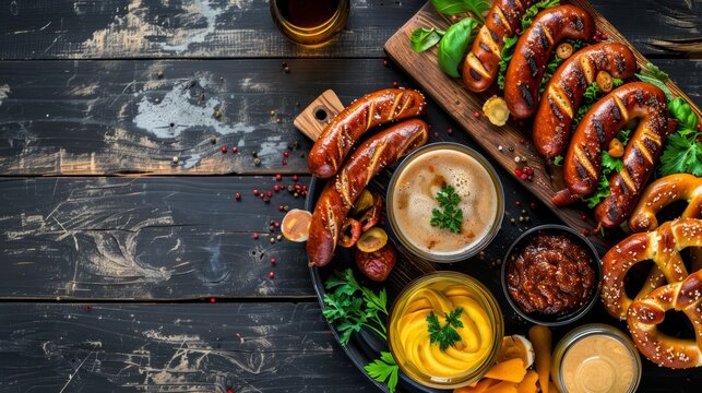 Traditional Oktoberfest set. Pretzels, beer, weisswurst and eisbein with mustard. German festival food concept. Trendy hard light, dark shadow, wooden background, top view