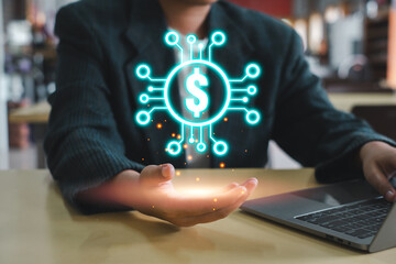 Futuristic Initial Coin Offering (ICO) concept showcasing digital currency symbol and advanced technology interface for blockchain and cryptocurrency investments.