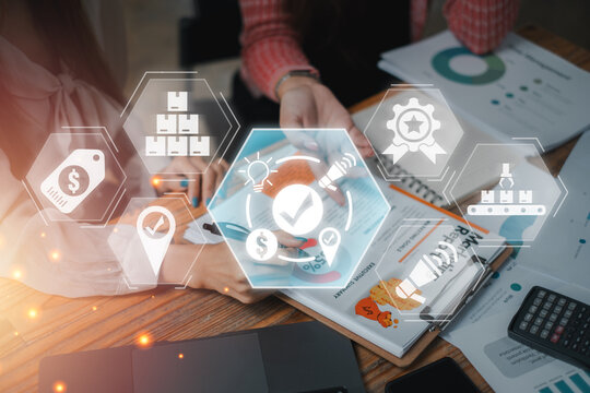 Digital icons illustrating the marketing mix concept in a business meeting, highlighting product, price, place, and promotion strategies.