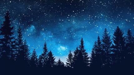 Fototapeta premium Trees in a pine forest silhouetted against the starry winter sky