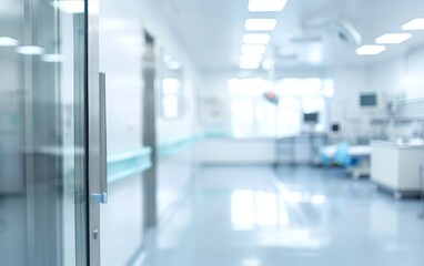 Fototapeta premium Sterile hospital room, clean and bright, blurred background, modern equipment, professional healthcare setting, tidy environment 