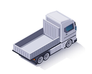 Isometric truck icon. Rear view of dump truck with empty container for cargo delivery and logistics. Freight vehicle or tipper for shipping. 3D vector illustration isolated on white background
