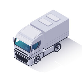 Fototapeta premium Isometric truck icon. Urban commercial transport for cargo delivery, distribution and logistics. Freight vehicle with semi trailer. 3D vector illustration isolated on white background