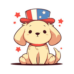 Fototapeta premium Cute funny dog wearing Uncle Sam's American hat isolated on transparent background. Independence Day in USA, 4th of July. Illustration for for greeting card, invitation, banner, print, sticker