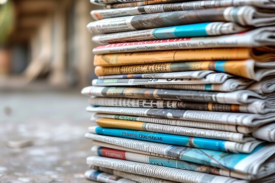 A Stack of Newspapers On a Pavement Outside