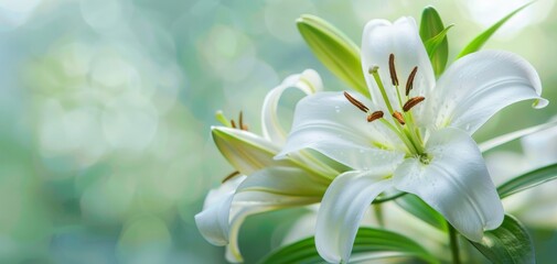 Fototapeta premium Close-up of a white lily bloom, with detailed petals and stamens, isolated on a blurred natural background