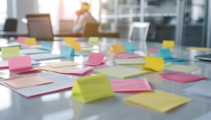 Close-up of business team brainstorming, sticky notes on table, serious discussions, modern office collaborative environment 