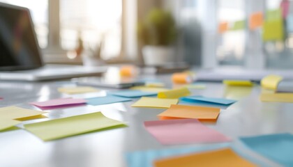 Close-up of business team brainstorming, sticky notes on table, serious discussions, modern office collaborative environment 