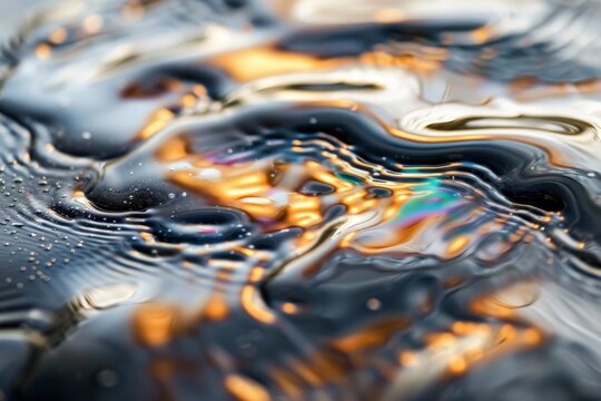 Close-up of an oil spill on water, with detailed rainbow sheen and dark, polluted surface