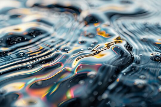 Close-up of an oil spill on water, with detailed rainbow sheen and dark, polluted surface