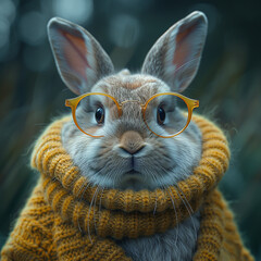 rabbit wearing glasses and warm clothes