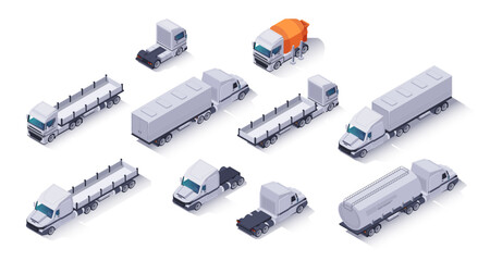 Isometric trucks set. Distribution vehicles icons, shipping and global logistics transport. Delivery trucks and commercial cars with trailer. 3D vector collection isolated on white background