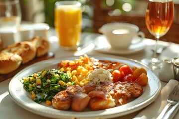 An inviting table setting for brunch with a plate of wholesome food, pastries, and drinks in the sunlight