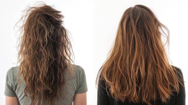 Before and after comparison of messy unhealthy hair and clean healthy hair on white background Issues with hair care seen from back Dry ends and over brushing visible Concept of beauty care