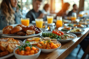 Blurred dining scene with various breakfast items, including baked goods, eggs, and orange juice on a communal table