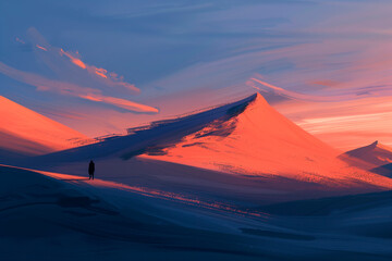 Illustration of desert with figure of person vista under sunset sky. Immense sand dunes cast extended shadows across sand.