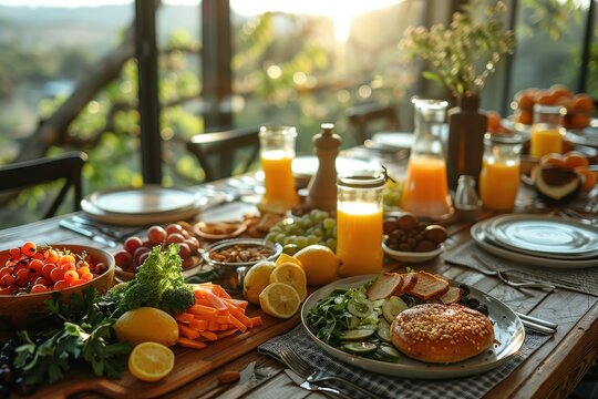 Warm sunset lighting enhances the visual appeal of a dinner table set with healthy food options and drinks