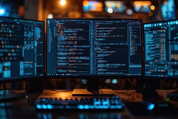 Close-up view of programming code on several monitors with a bokeh background