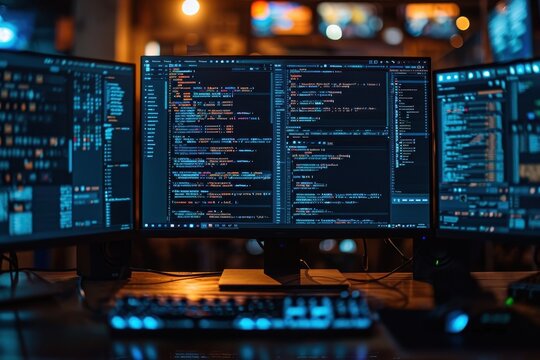 Close-up view of programming code on several monitors with a bokeh background