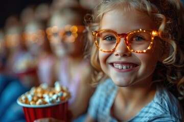 Little girl with orange glasses enjoying a movie, bokeh light reflections on lenses
