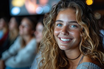 Close-up of a smiling young woman with bright eyes among a group of people