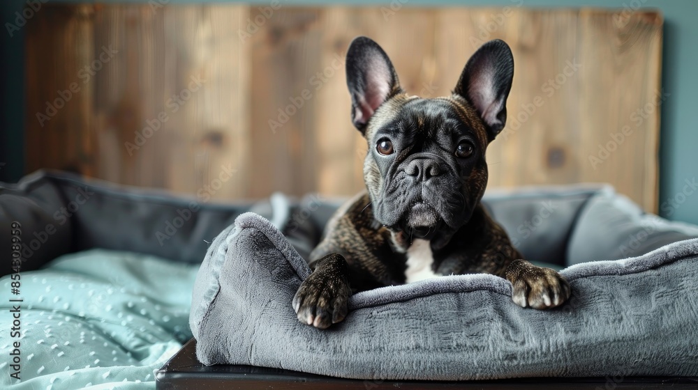 Canvas Prints Charming French Bulldog resting on indoor bed room for text Adorable pet