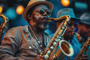 Two jazz musicians on stage edged in blue lighting, playing saxophones with a focus on the one in the foreground