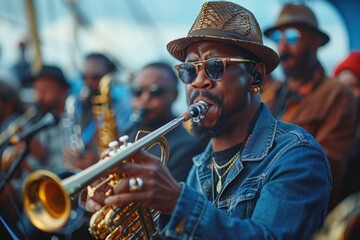 Obraz premium Musician playing saxophone with a band during a live performance, audience in the background