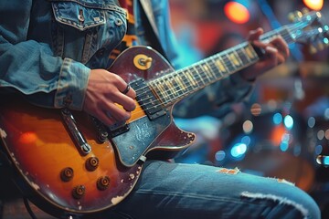 Close-up of hands playing a guitar on stage, with lights and band equipment in the background