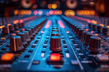 Obraz premium This image captures the intricate details of a mixing console's illuminated buttons and adjustment knobs in a recording studio