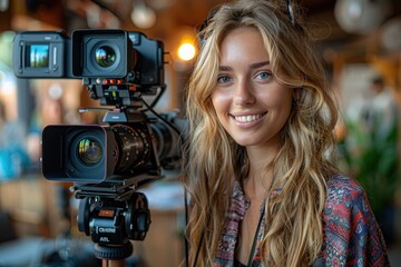 Smiling woman in front of a professional camera set-up at a filming location