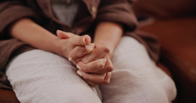 Anxiety, depression or hands of woman overthinking on sofa with stress, risk or mistake at home. Conflict, fear or girl remember ptsd memory, trauma or domestic violence, rape or mental health crisis