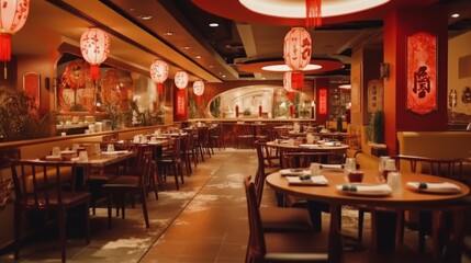 The interior of a restaurant is decorated with red lanterns hanging from the ceiling and traditional-style decorations on the walls