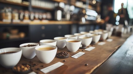 A poster for a coffee tasting session includes various types of coffee and beans arranged on a wooden table.