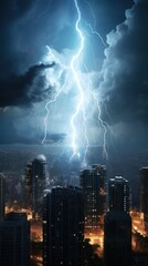 Obraz premium City building with bright lightning strike in a thunderstorm at night.