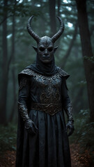 Mystic Autumn Shadows, The Enigmatic Dark Man with Horned Mask, In The Forest, eerie, horror, 