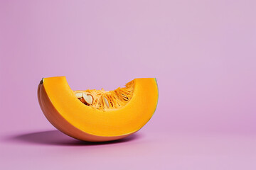 Healthy nutrition concept. Freshly cut slice of organic pumpkin isolated on lavender background. Wallpaper, poster style. Close up. Copy-space. Studio shot