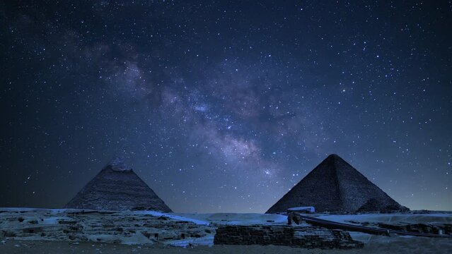 Egypt Pyramid of Khufu, Khafre and Sphinx Under Milky Way Galaxy in the Night Sky