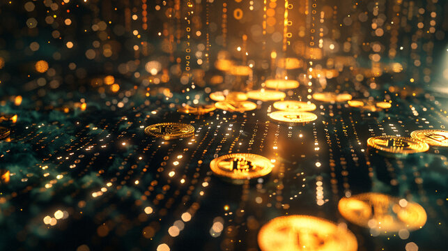 Futuristic abstract design with gold coins and binary code pattern