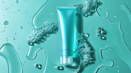 Obraz premium Beauty product presentation with clear tube and blue gel on green background