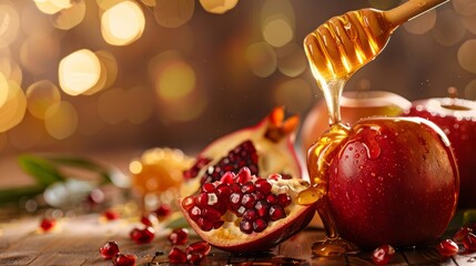 Pouring honey on apple and pomegranate with honey