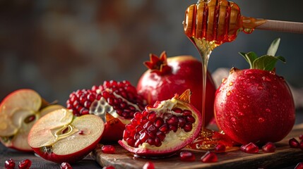 Pouring honey on apple and pomegranate with honey