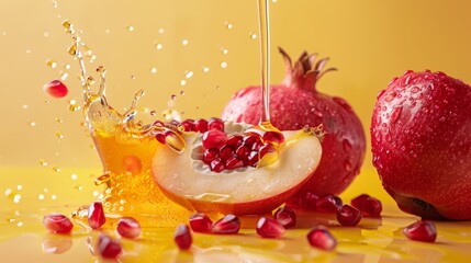 Pouring honey on apple and pomegranate with honey